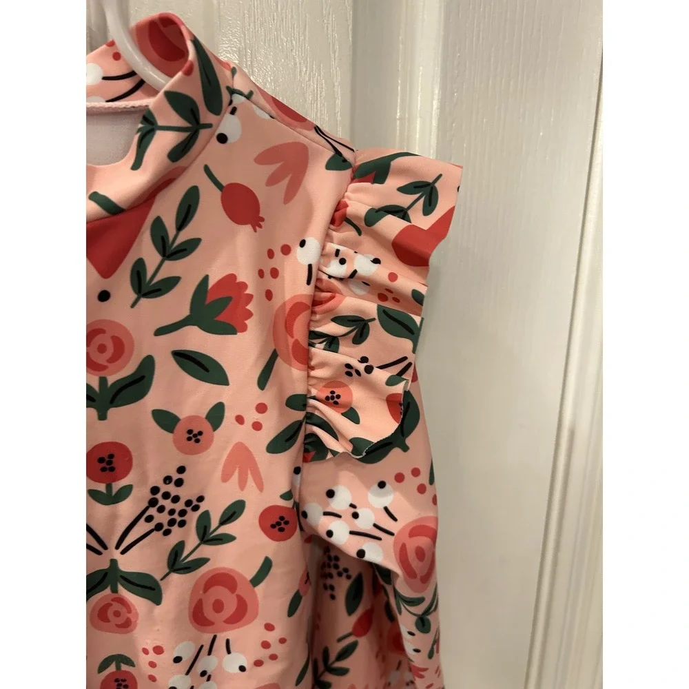 Tiny Tribe One‎ Piece Swimsuit Pink Floral Heart Ruffle Rash Guard Swimwear 7